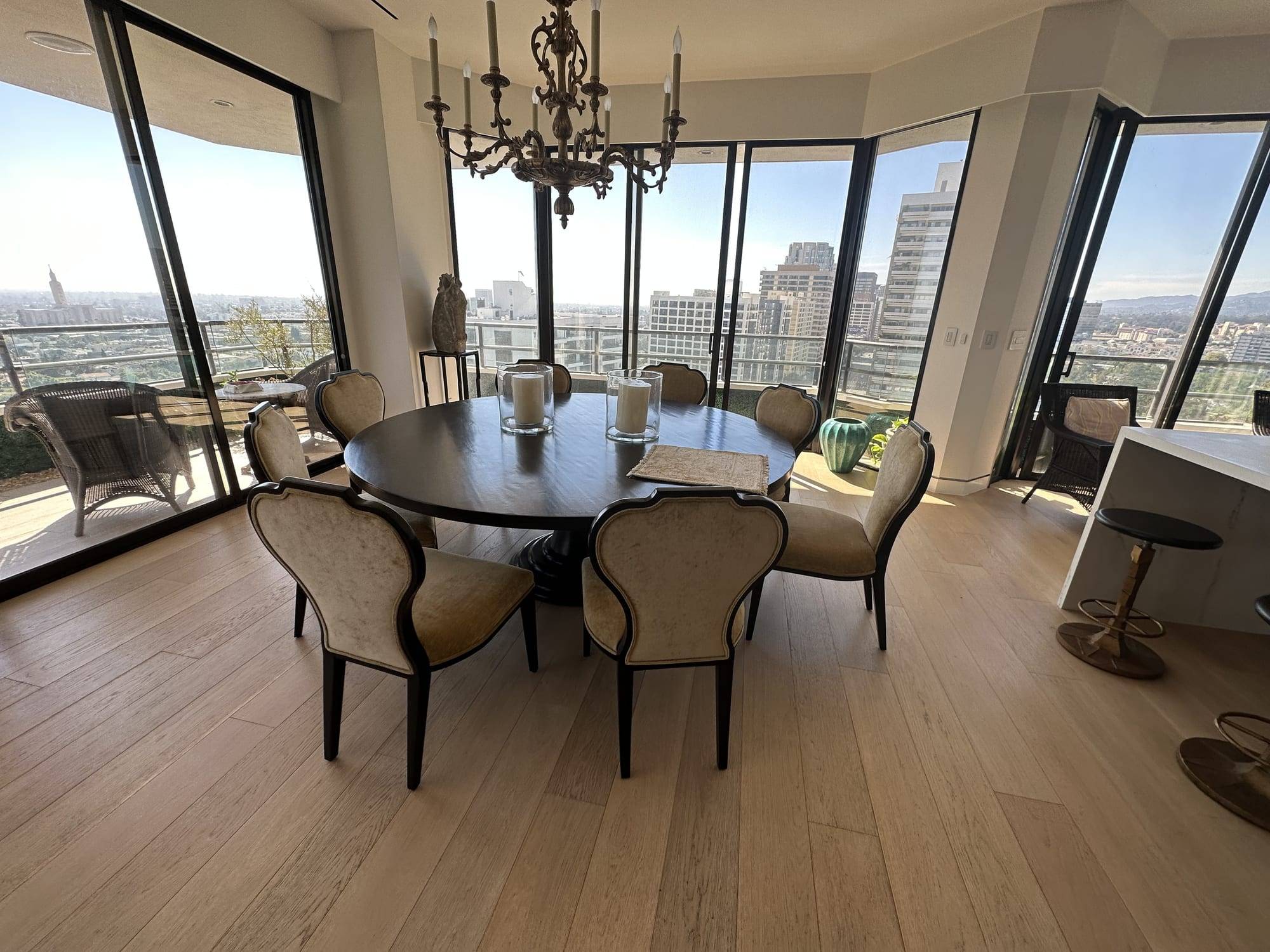 Dining room with large windows and freshly painted walls